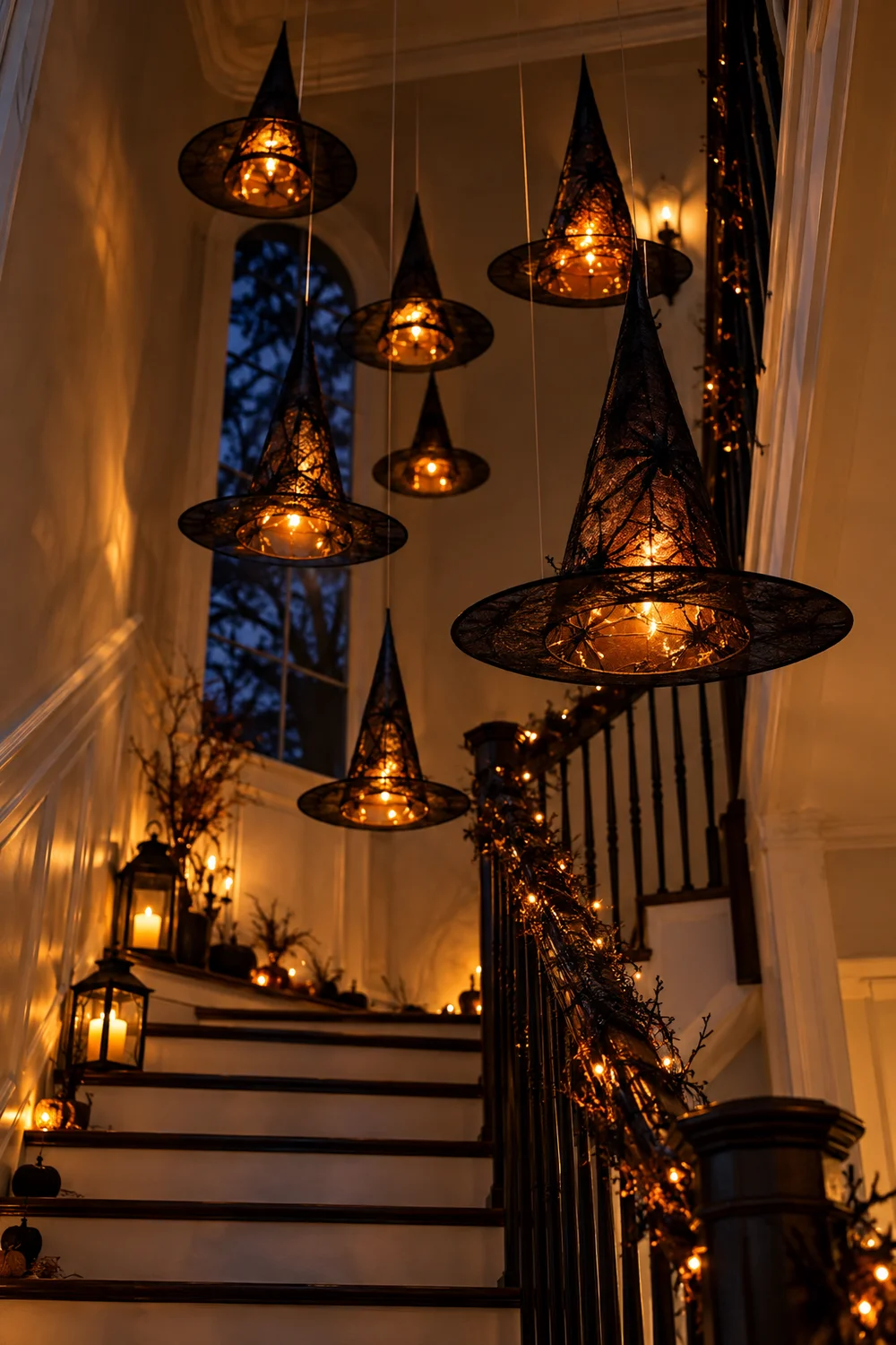 Witch hats hanging from a stairwell ceiling glowing from within