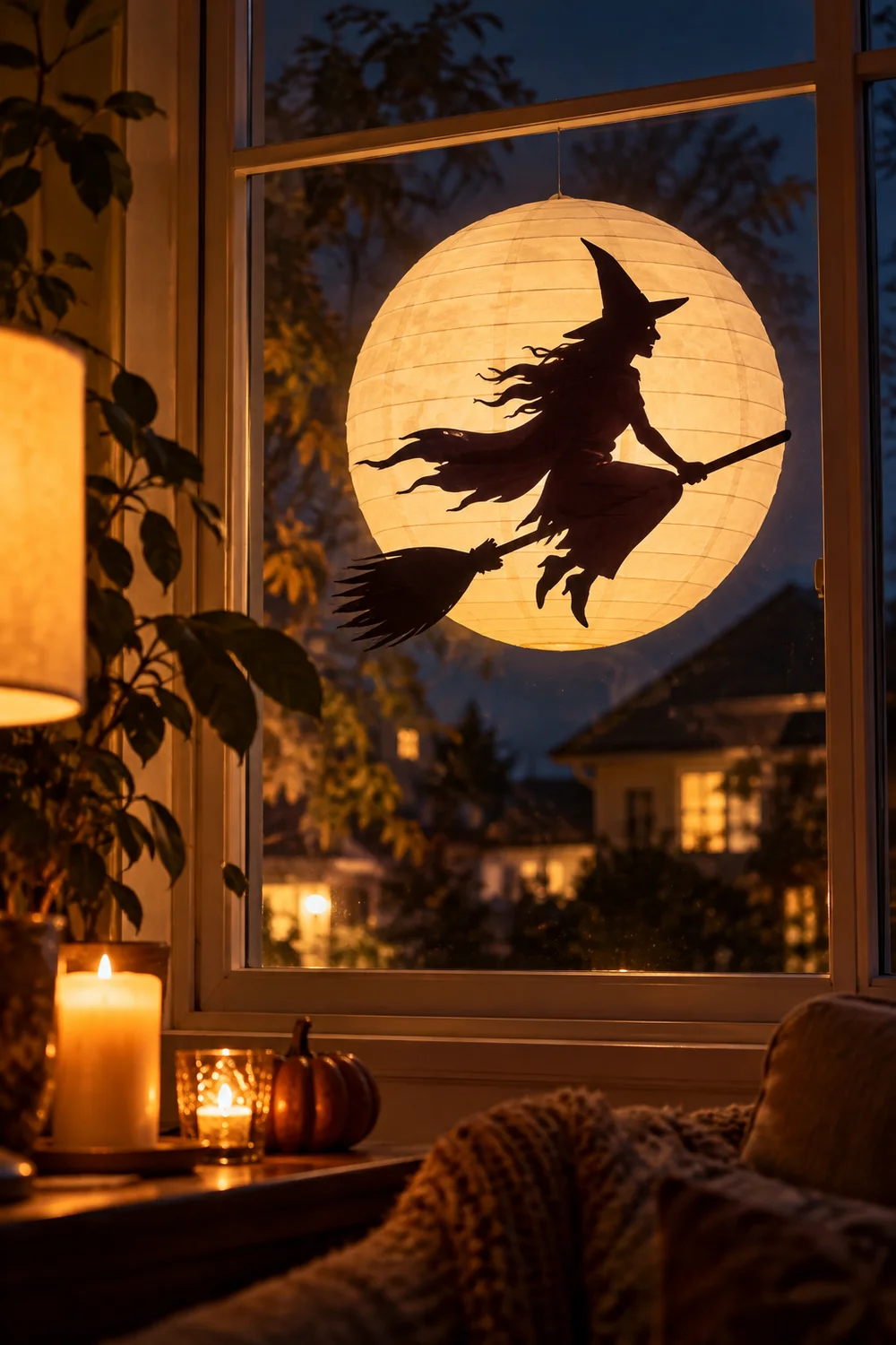 Witch silhouette decoration in a window with moon backdrop