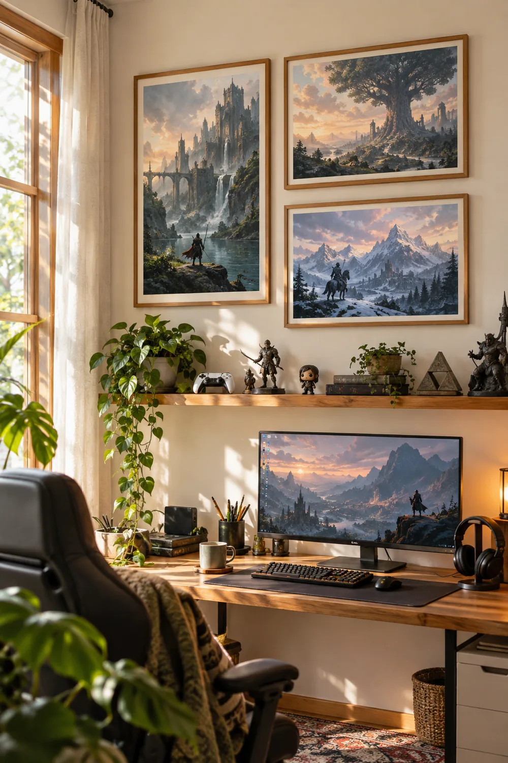 Game art prints in warm wood frames on a gaming room wall