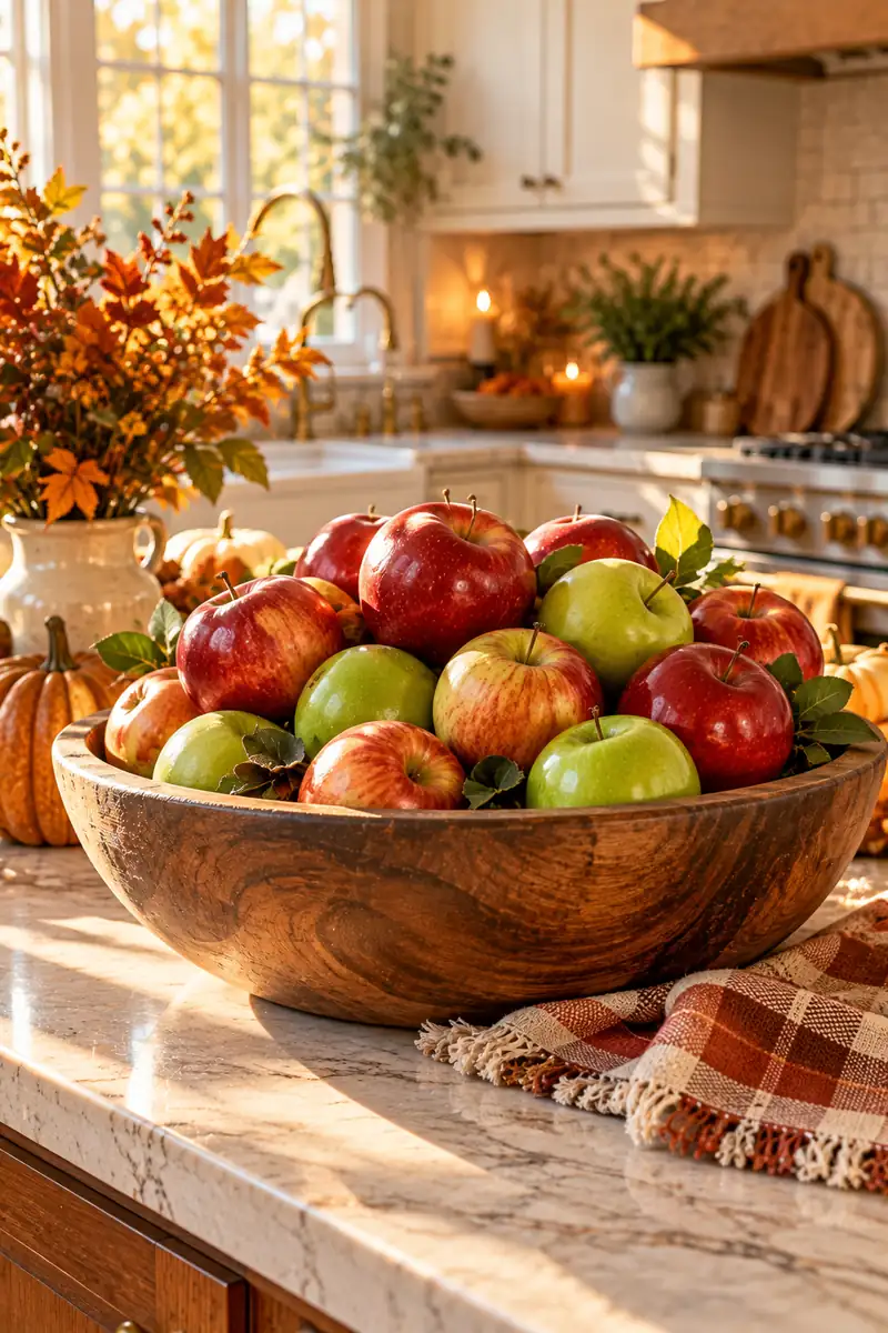 Wooden bowl filled with apples as Thanksgiving kitchen decor