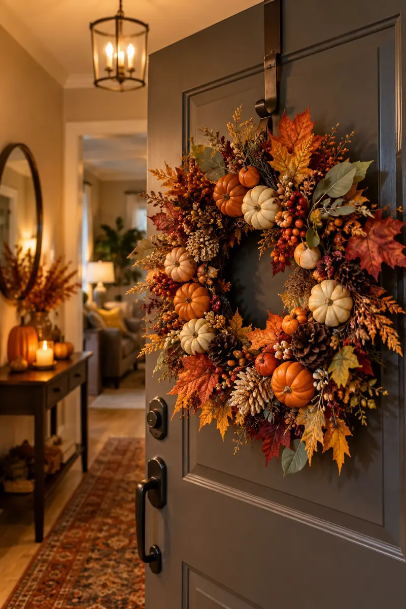 Harvest wreath hung on the inside of an apartment door for Thanksgiving