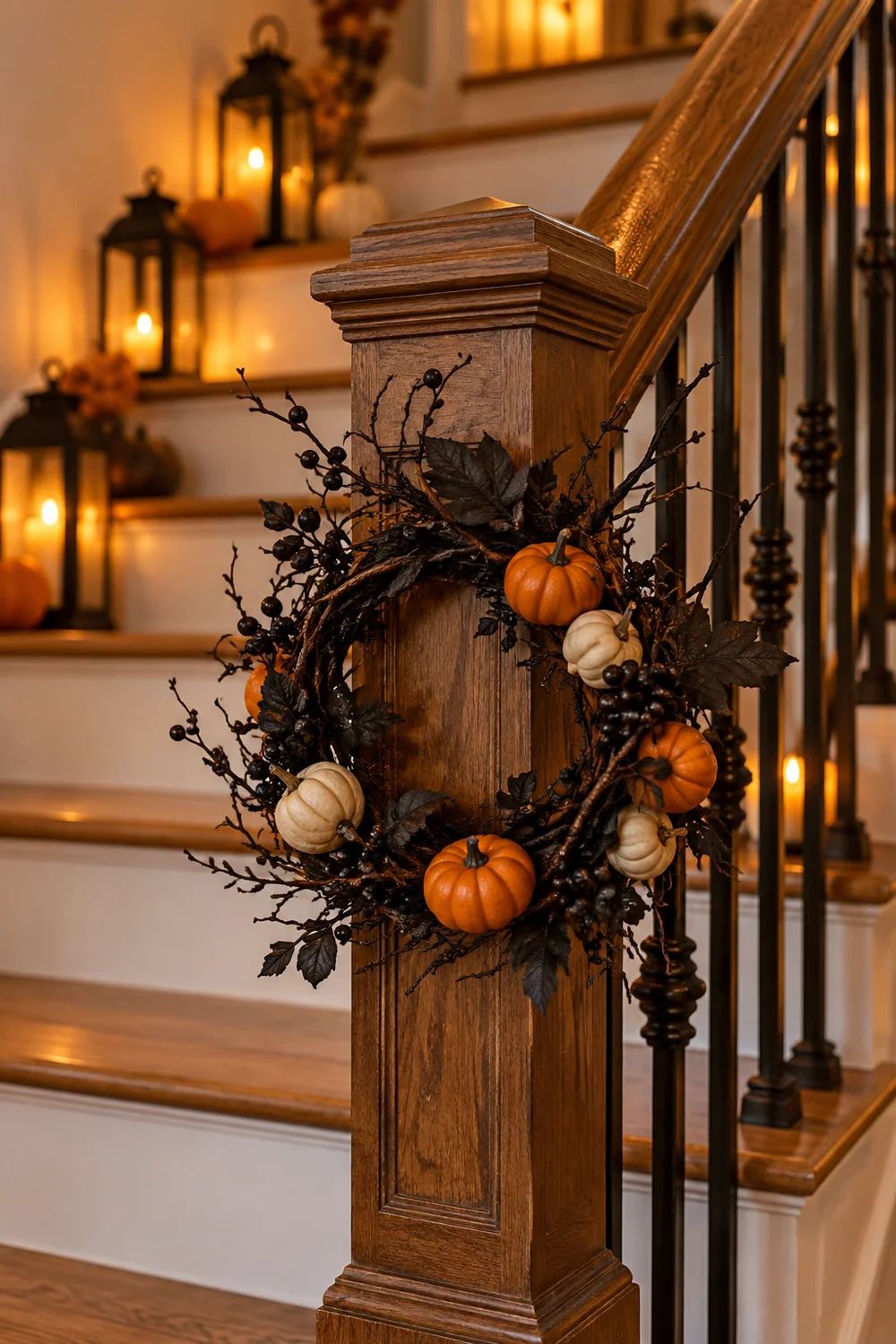 Small Halloween wreath hanging on a staircase newel post